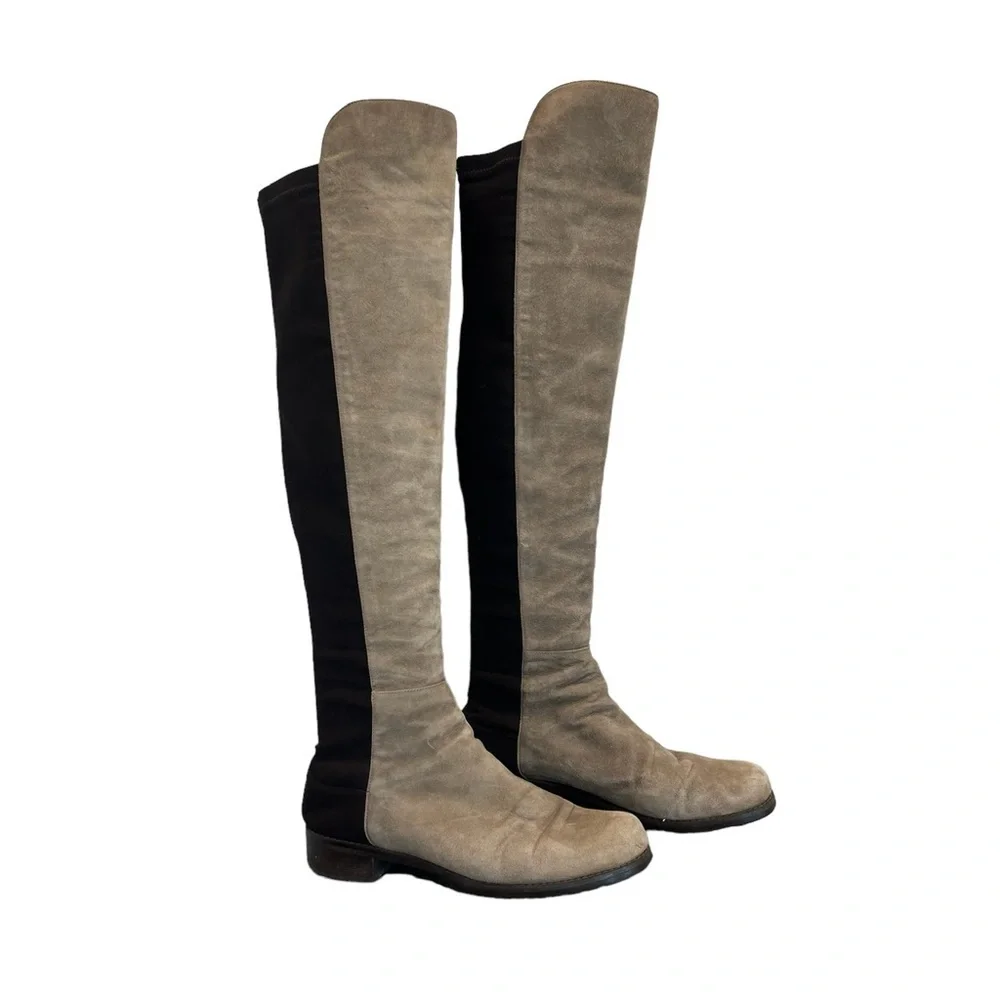 Stuart Weitzman Reserve knee-length boots tan brown suede elastic Sz 8.5
